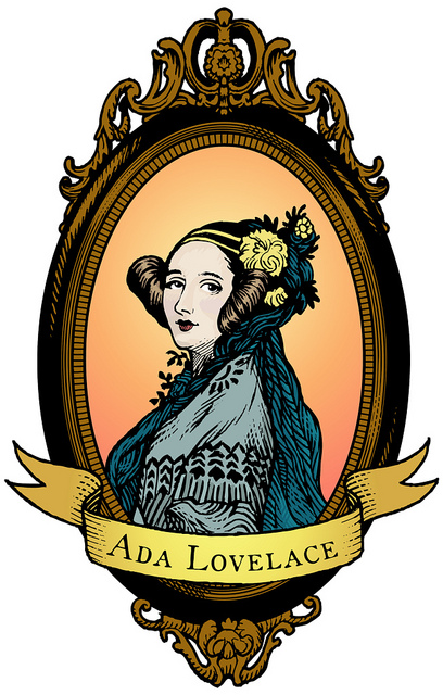 A color woodcut-style portrait of Ada Lovelace, based on the nineteenth century A. E. Chalon portrait.